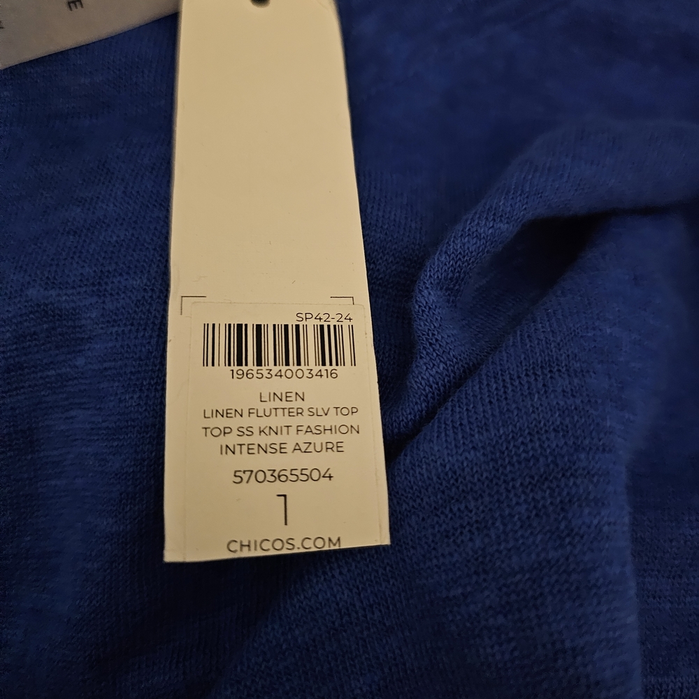 NWT Chico’s Linen Flutter Sleeve Top Blue Size 1 Medium Coastal Resort - Picture 9 of 9